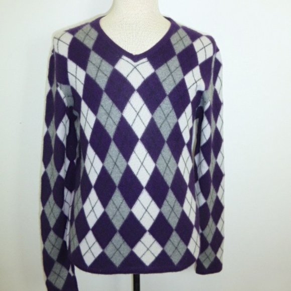 Purple Argyle cashmere v neck sweater M